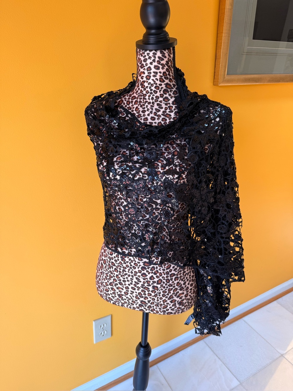 Black Sequins Lace Crochet Wrap Top - Women